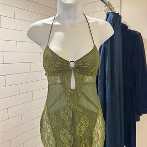 Elegant Olive Lace Halter Maxi Dress